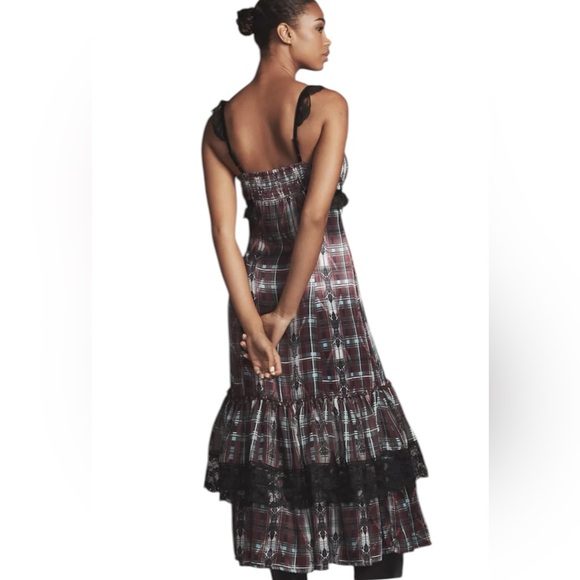 Anthropologie Purple Plaid Lace Trim Midi Dress Medium V Neck Tiered Boho - Picture 2 of 6